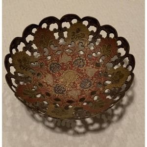 Vintage India hand painted Cloisonne Enamel Scallop Edge Brass Bowl cutouts